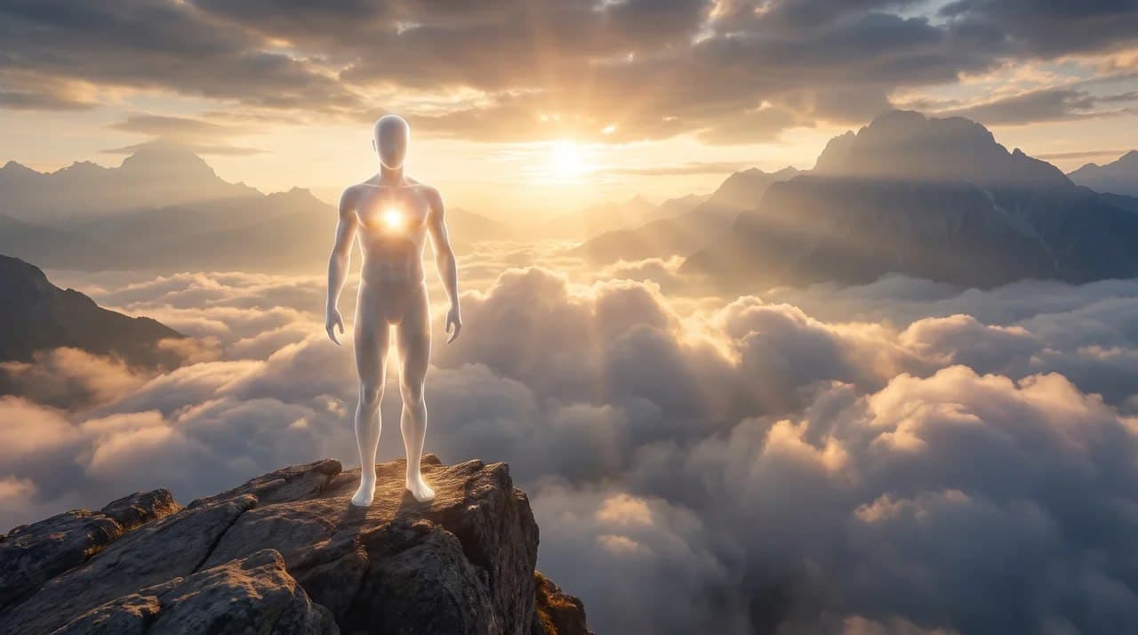 A luminous figure above a sea of clouds and mountains