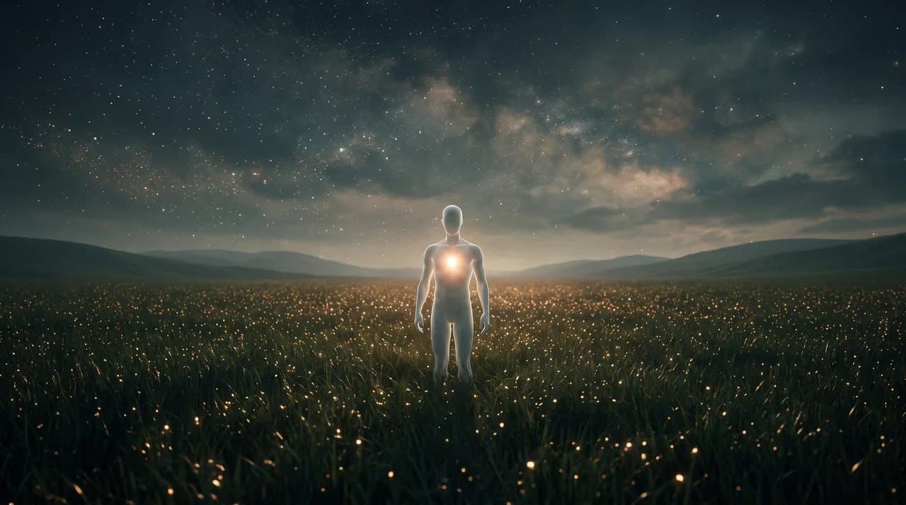 A glowing figure beneath a star-filled sky