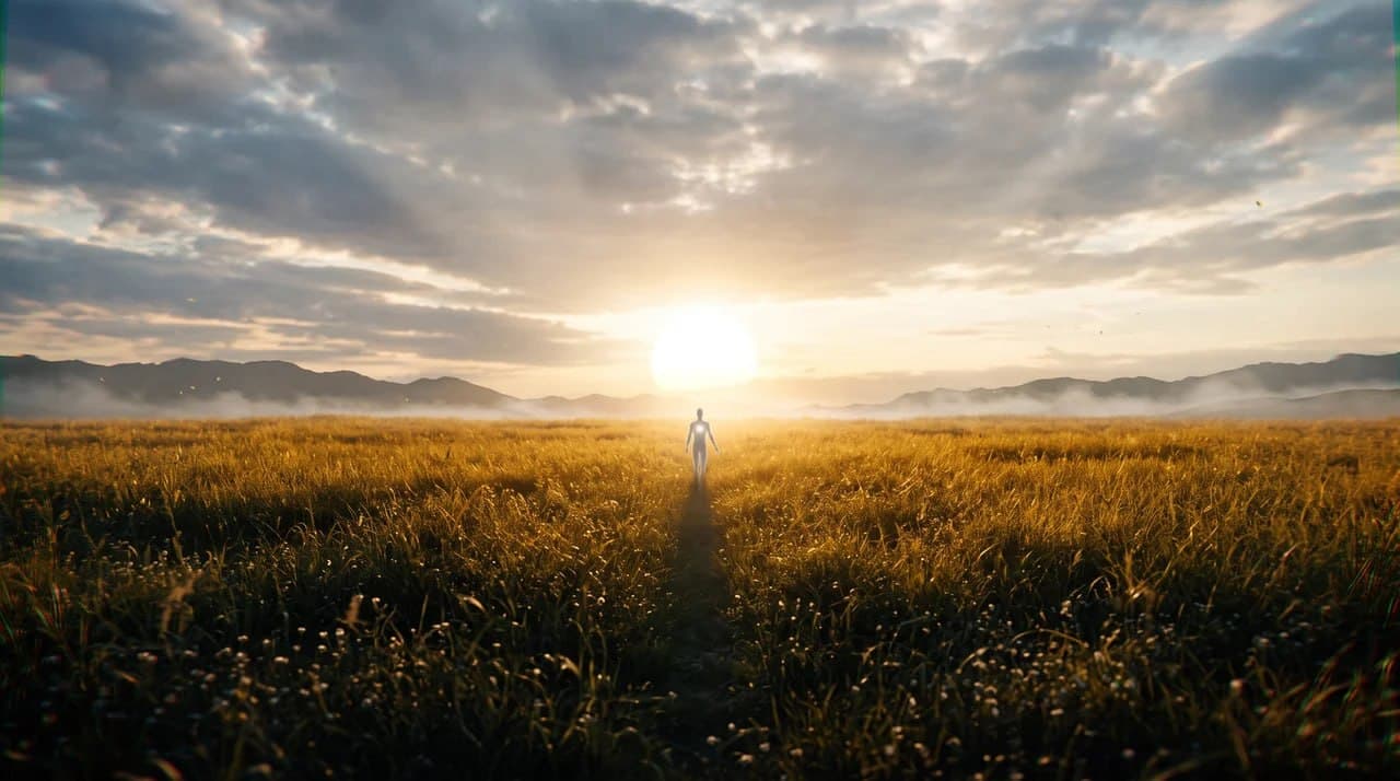 A distant white figure walking toward a rising sun
