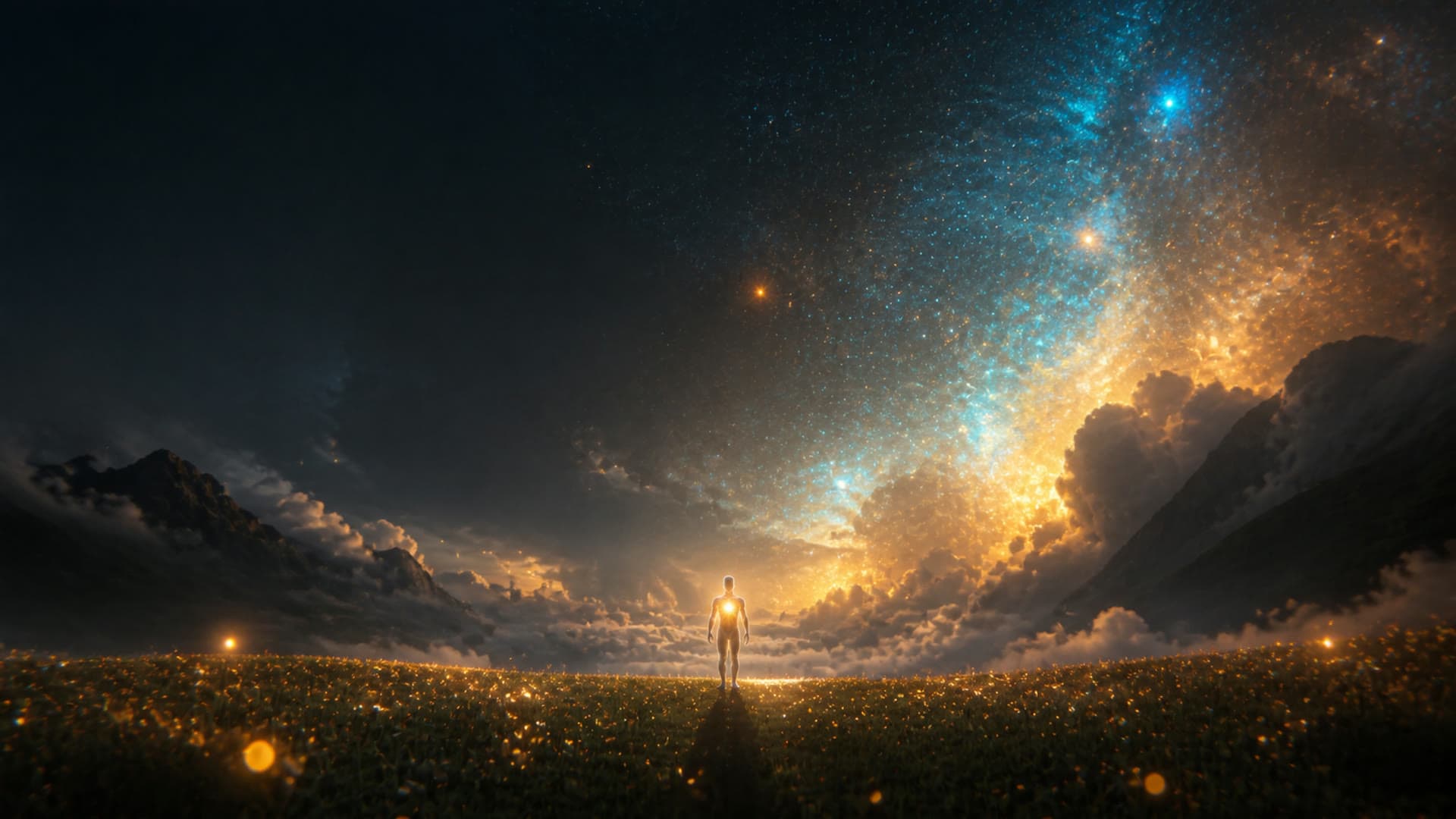 A luminous figure beneath a blue and gold cosmic sky