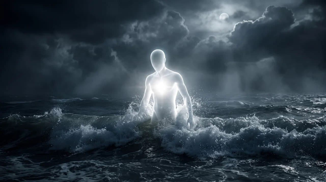 A glowing figure emerging from a dark ocean at night