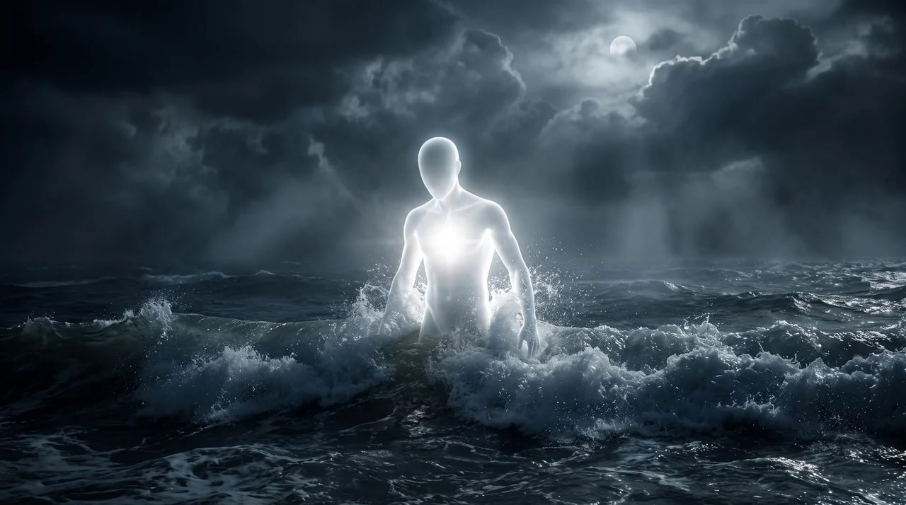 A glowing figure emerging from a dark ocean at night
