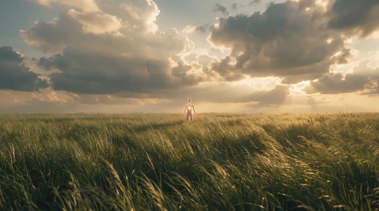 A small luminous figure in an immense field beneath dramatic clouds