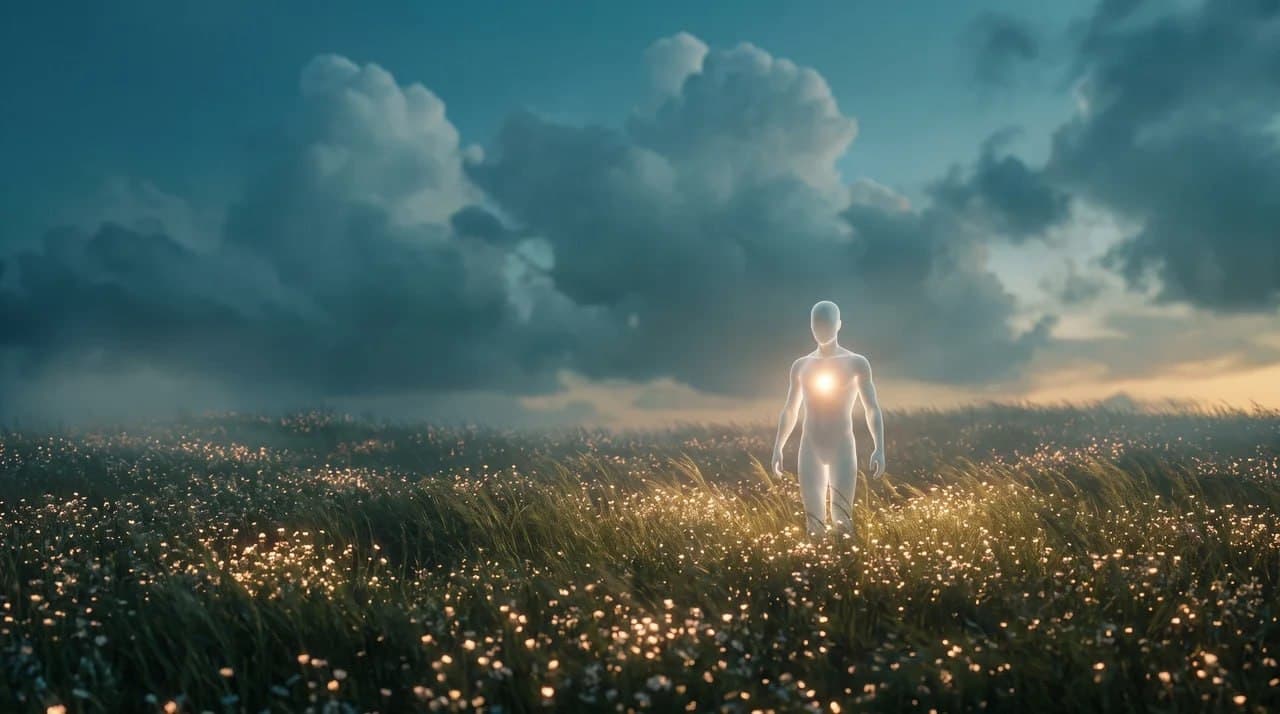 A luminous figure walking through a field beneath gathering clouds
