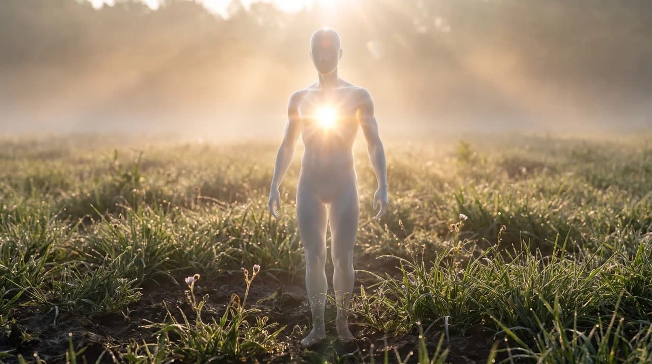 A luminous faceless figure standing in a sunlit field