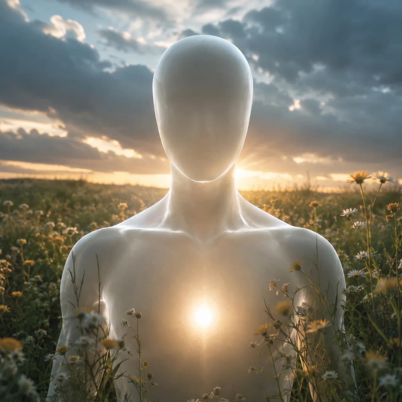 A square portrait of a faceless luminous figure among wildflowers