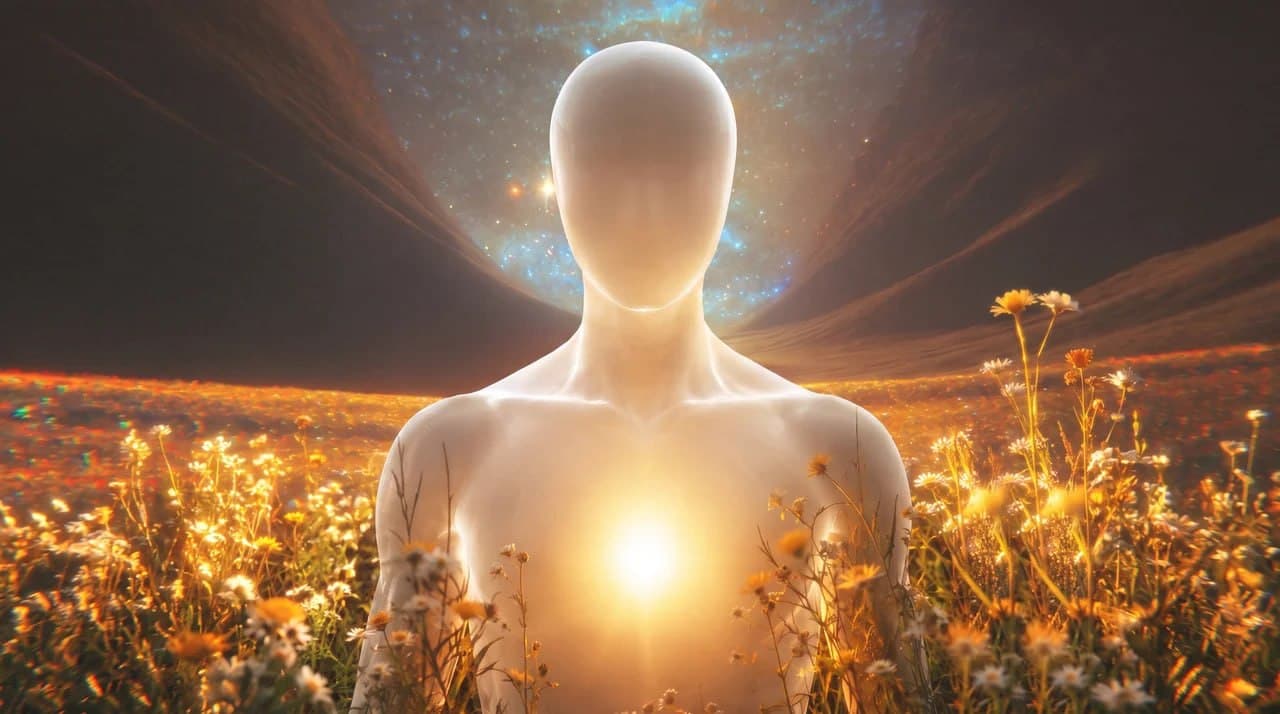 A close portrait of a luminous faceless figure in a cosmic field