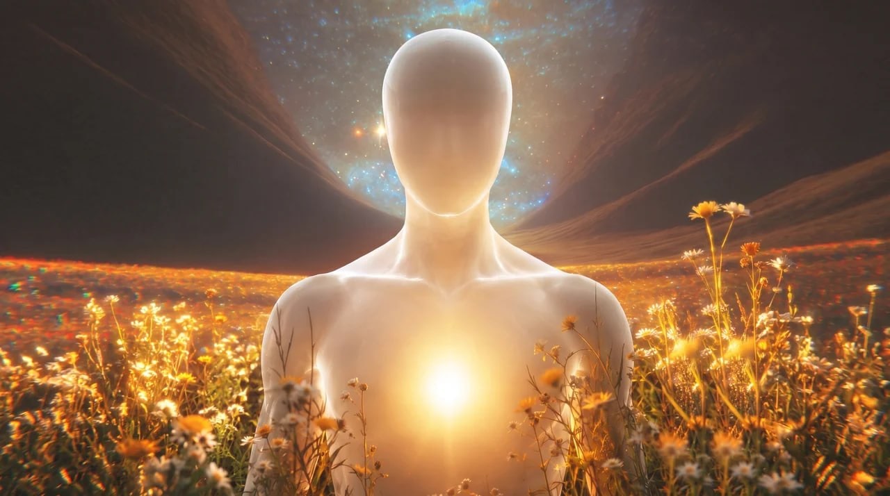 A close portrait of a luminous faceless figure in a cosmic field