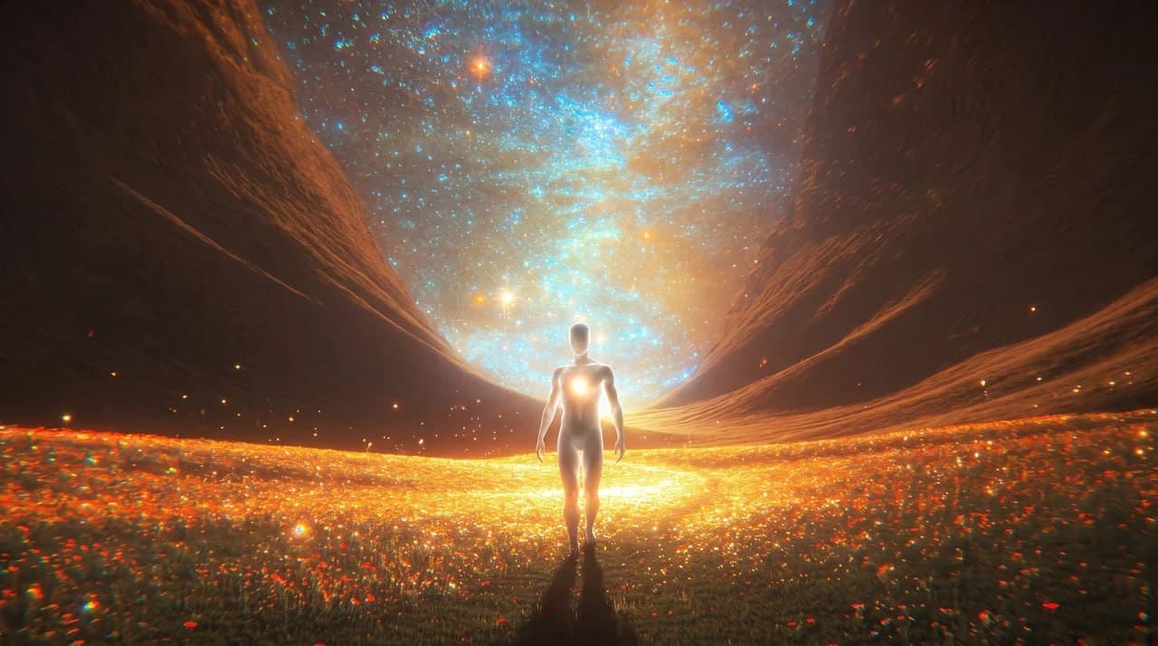 A glowing figure at the edge of a cosmic blue and gold threshold