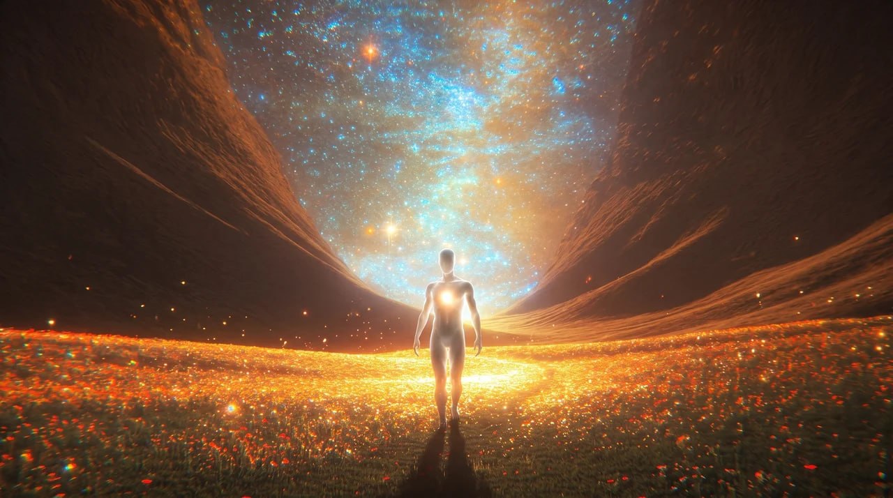 A glowing figure at the edge of a cosmic blue and gold threshold